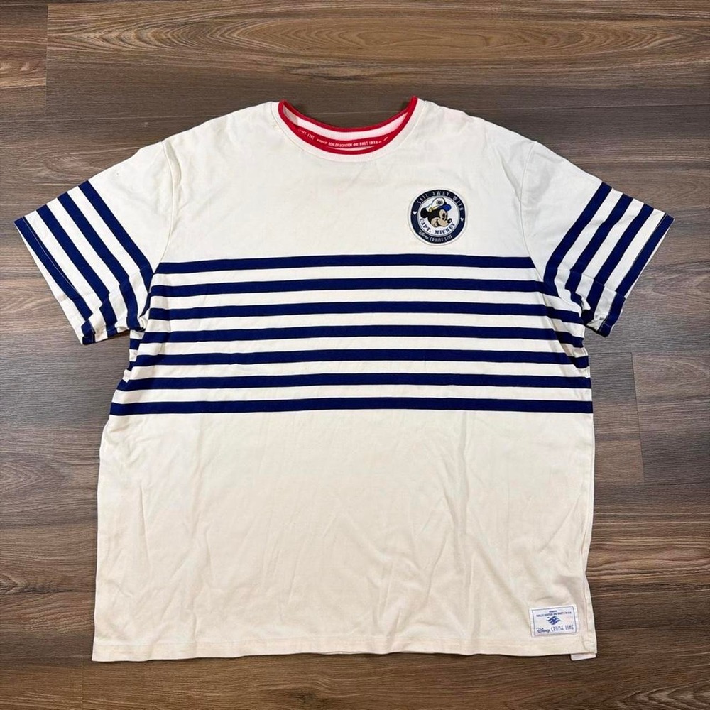 Disney Cruise Line Mickey Mouse white/navy striped tee with red collar, size XL